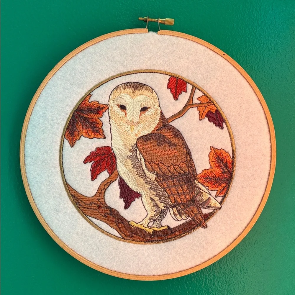 Wooden Round hoop with embroidered barn owl fall leaves wall decor autumn 8.5